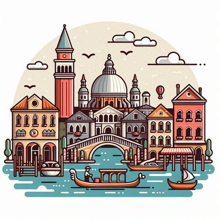 Venice, Italy. Vector illustration with gondolas and old buildings.のイラスト素材