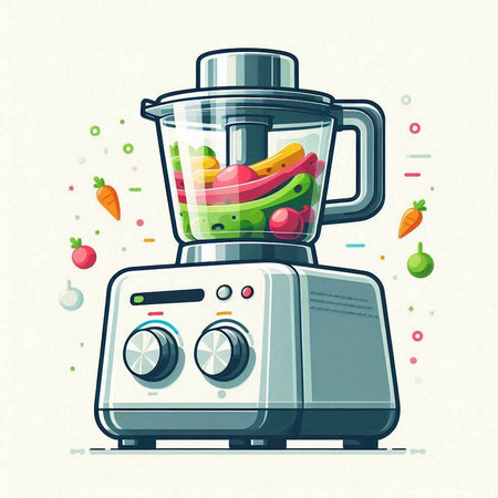 Vector illustration of modern electric juicer with fresh fruits and vegetables.のイラスト素材