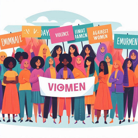 Protester women with placards and banners. Vector illustration.のイラスト素材