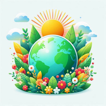 Ecology background with globe, grass and flowers. Vector illustration.のイラスト素材