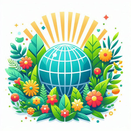 Green planet with flowers and leaves on white background. Vector illustration.のイラスト素材