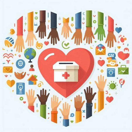 Hands holding a heart and a box with a medical symbol.のイラスト素材