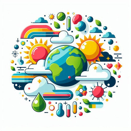 Vector illustration of Earth day concept in circle shape with icons of sun, cloud, rain, sun, solar, wind, wind.のイラスト素材