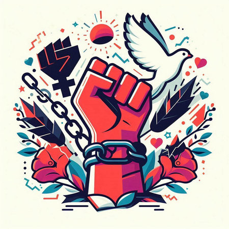 Hand drawn vector illustration or drawing of a human fist with a symbol of freedom and justice.のイラスト素材