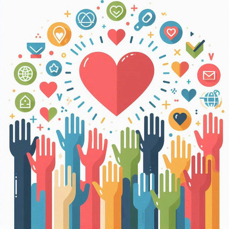 Colorful hands raised with heart shape and social media icons on white backgroundのイラスト素材