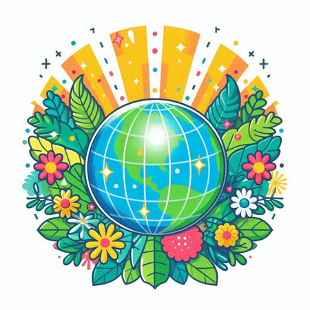 Globe surrounded by flowers and leaves on white background. Vector illustration.のイラスト素材