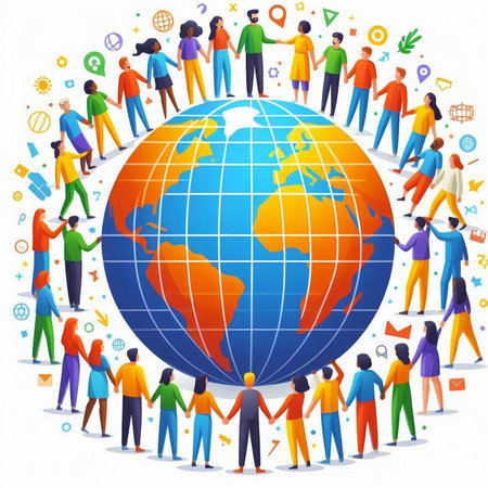 Global communication concept with people around globe. Vector illustration in cartoon styleのイラスト素材