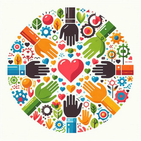 Circle of hands and heart. Vector illustration in flat style.のイラスト素材
