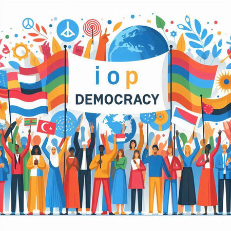 International Day of Democracy concept. Group of people with flags of different countries. Vector illustrationのイラスト素材