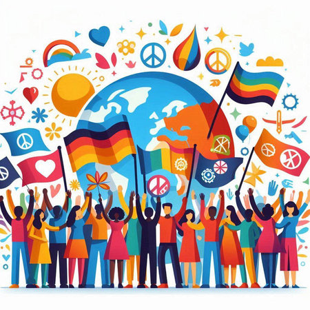 Group of people holding banners with flags and symbols. Vector illustration.のイラスト素材