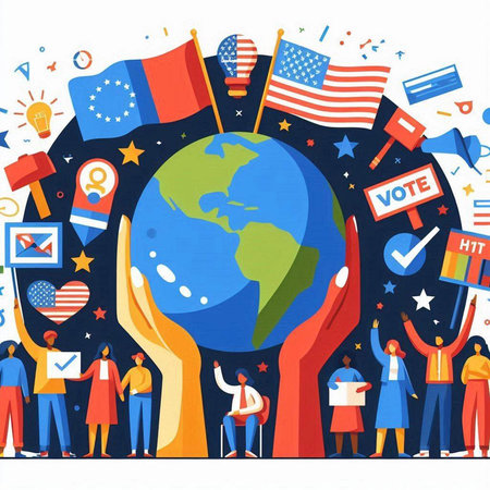 People with flags and symbols of the United States. Vector illustration.のイラスト素材