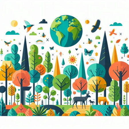 Vector illustration of World Environment Day concept with trees, birds and animals.のイラスト素材