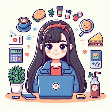 Vector illustration of a cute girl with long hair using a laptop at home.のイラスト素材
