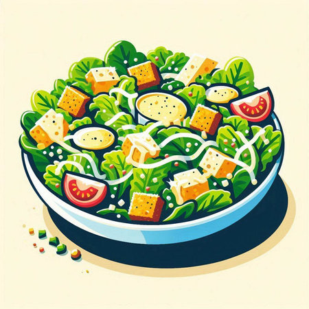 Salad with cheese and vegetables in a bowl. Vector illustration.のイラスト素材