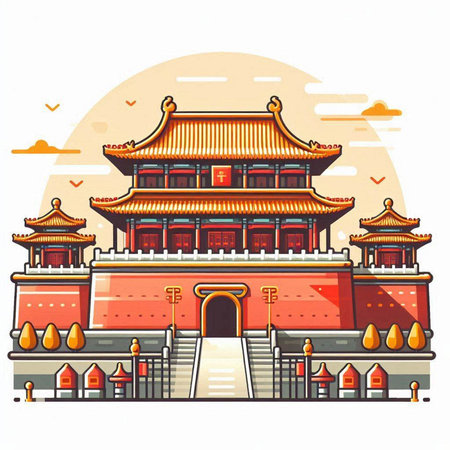 Chinese ancient building in Beijing, China. Vector illustration in flat style.のイラスト素材