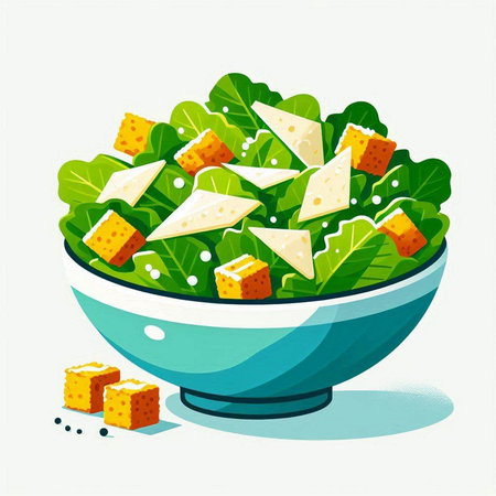 Salad with cheese and croutons in bowl. Vector illustration.のイラスト素材