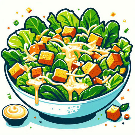 Illustration of a bowl of salad with croutons and mayonnaiseのイラスト素材