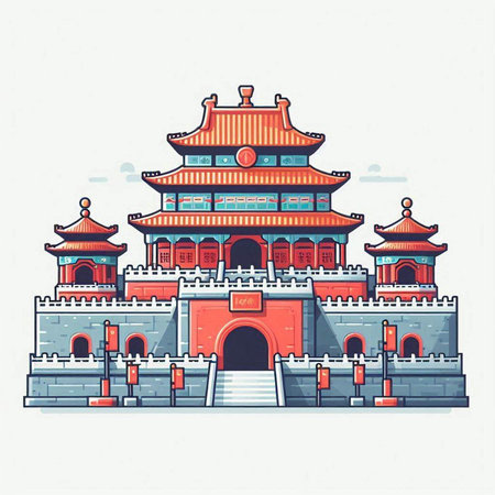 Ancient Chinese temple building on white background. Vector illustration in flat style.のイラスト素材