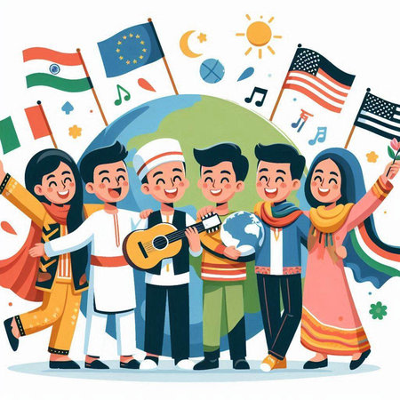 Happy kids playing musical instruments with flags of different countries. Vector illustrationのイラスト素材