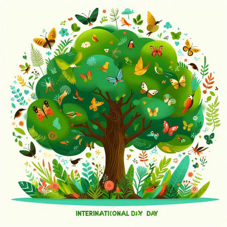 International Day of Peace. Vector illustration with a tree and butterflies.のイラスト素材