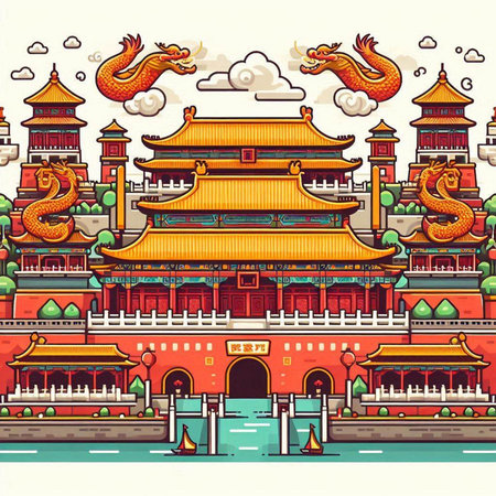 Vector illustration of a Chinese temple in the style of Chinese art.のイラスト素材