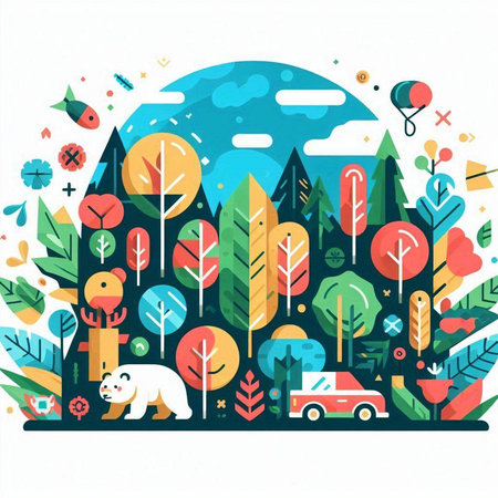 Vector illustration of forest landscape in flat style with animals and plants.のイラスト素材