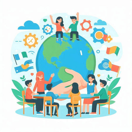 Global Education Concept. Flat Design Vector Illustration. Teamwork and Learning.のイラスト素材