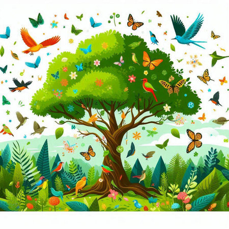 Nature background with tree, birds, butterflies and flowers. Vector illustration.のイラスト素材