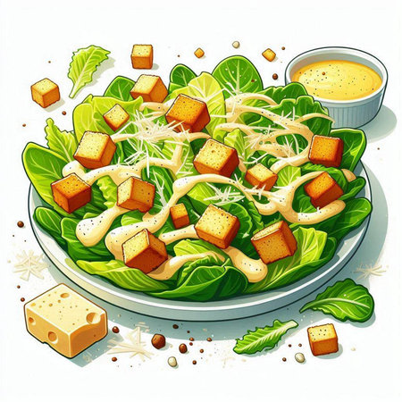 Caesar salad with cheese, lettuce and croutons. Vector illustration.のイラスト素材