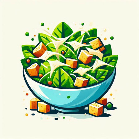 Green salad in a bowl with cheese and greens. Vector illustration.のイラスト素材