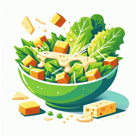 Salad in bowl with cheese and greens. Vector illustration for your designのイラスト素材