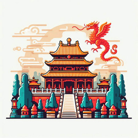 Chinese temple on the background of the ancient city. Vector illustration.のイラスト素材