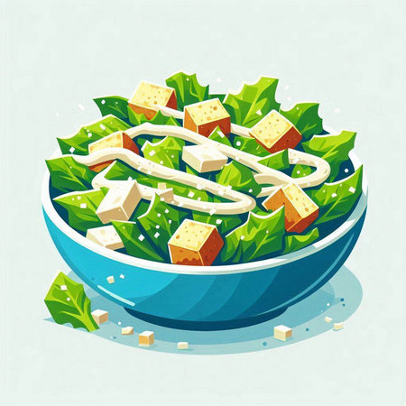Salad with cheese and greens in a bowl. Vector illustration.のイラスト素材