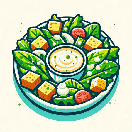 Illustration of salad bowl with cheese, lettuce, tomato and mayonnaiseのイラスト素材
