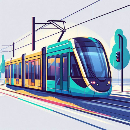 Modern tram on the city street. Illustration in vector format.のイラスト素材