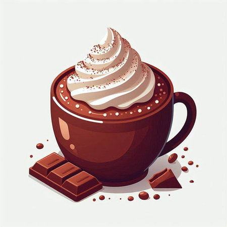 Cup of hot chocolate with whipped cream and chocolate. Vector illustration.のイラスト素材