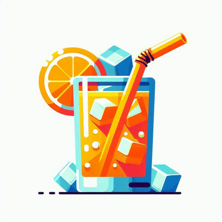 Cocktail with ice cubes and straw. Vector illustration in flat styleのイラスト素材