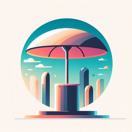 Vector illustration of a globe with a beach umbrella and skyscrapersのイラスト素材
