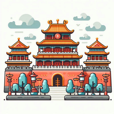 Chinese ancient building in Beijing, China. Vector illustration in flat styleのイラスト素材