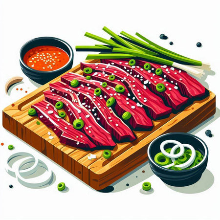Vector illustration of raw beef steak on wooden cutting board with green onion, sauce and pickled cucumberのイラスト素材