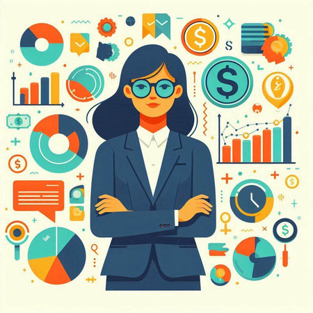Business woman with a lot of charts and graphs. Vector illustration.のイラスト素材
