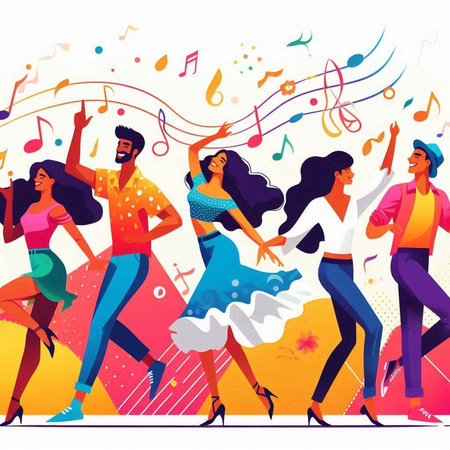 Dancing people. Group of young men and women dancing at party. Vector illustrationのイラスト素材