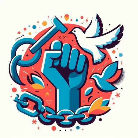 Vector illustration of hand holding hammer and chain with dove. Concept of freedom and peace.のイラスト素材