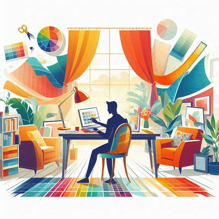Vector illustration of a businessman working in the office. Workplace with a laptop and documents.のイラスト素材
