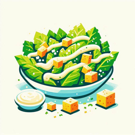 Salad with cheese and greens in a bowl. Vector illustration.のイラスト素材