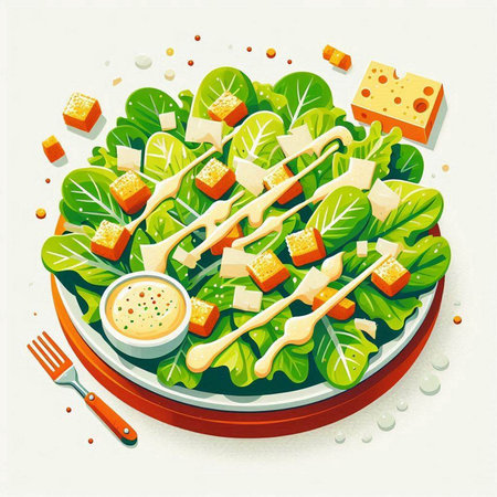 Salad with chicken, cheese and vegetables. Healthy food. Vector illustration.のイラスト素材