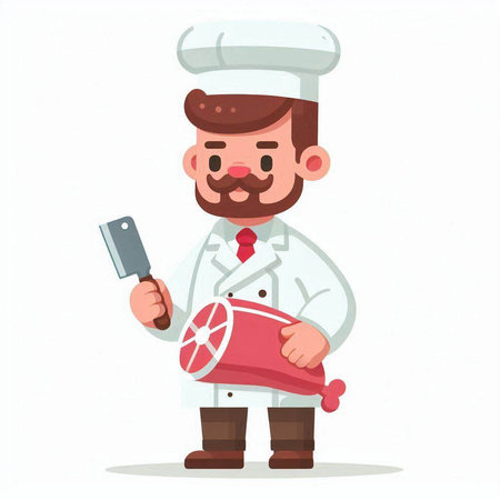 Chef with a meat and knife. Vector illustration in cartoon styleのイラスト素材
