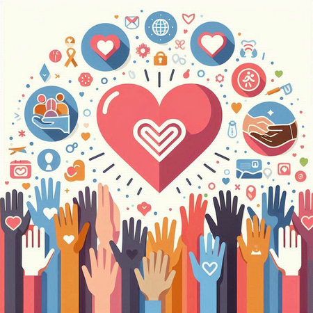 Hands of people around the heart and social media icons. Vector illustration.のイラスト素材