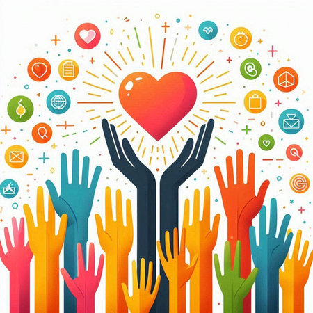 Colorful hands with heart shape and social media icons. Vector illustration.のイラスト素材