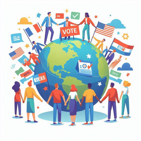 People standing around the globe. The concept of global communication. Vector illustrationのイラスト素材